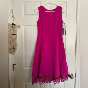 donna ricco pink dress Donna Ricco V-Neck Sleeveless A-Line Zipper Back Embroidered Hem Scuba Dress